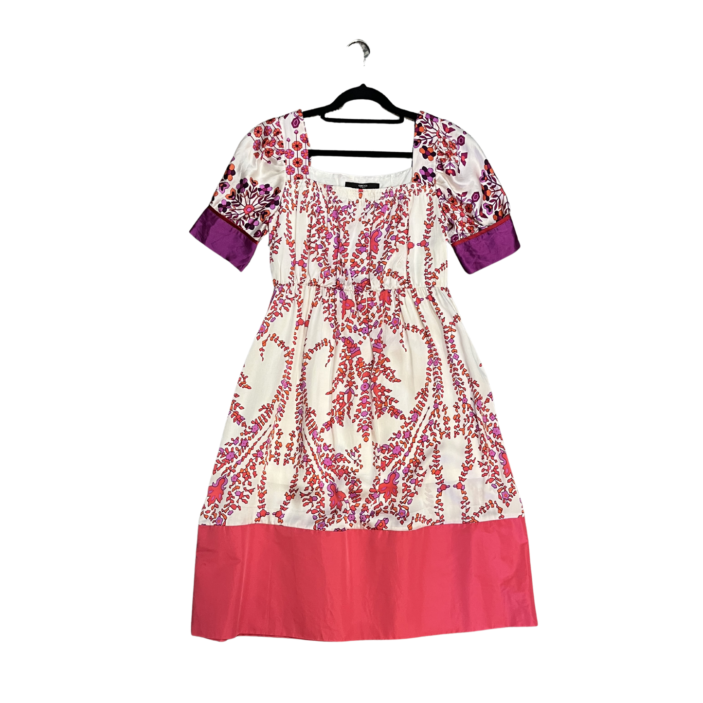 GUCCI VINTAGE white pink purple SIlk floral Shortsleeve midi dress B0426