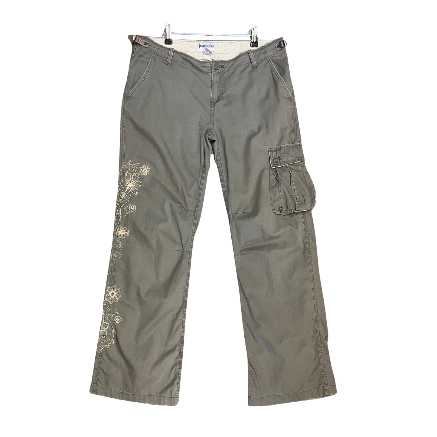 JEANS WEST Kahki vintage cotton Cargo floral embroidered trousers P0626