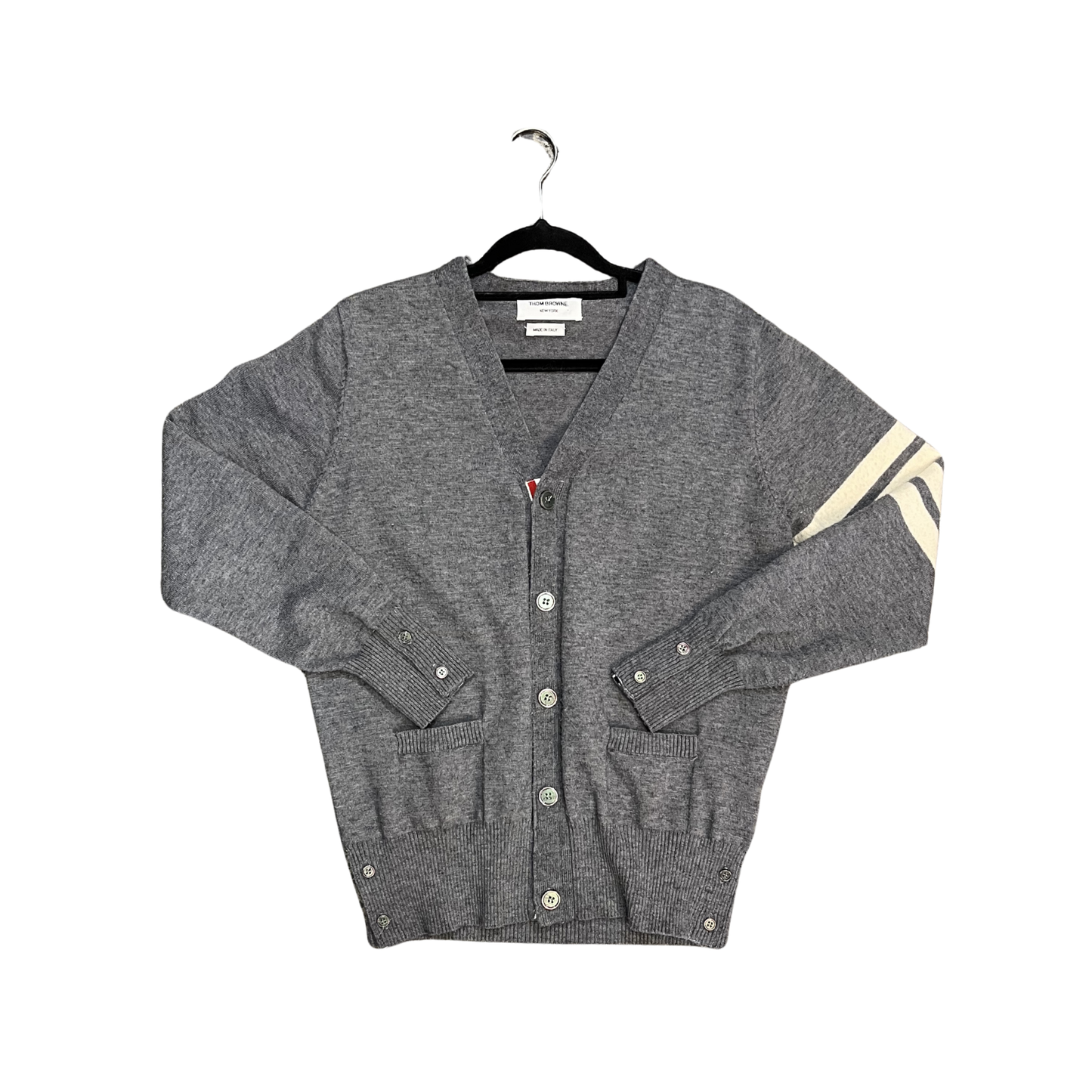 THOM BROWNE grey Woolen White sleeve four-bar cardigan P0526
