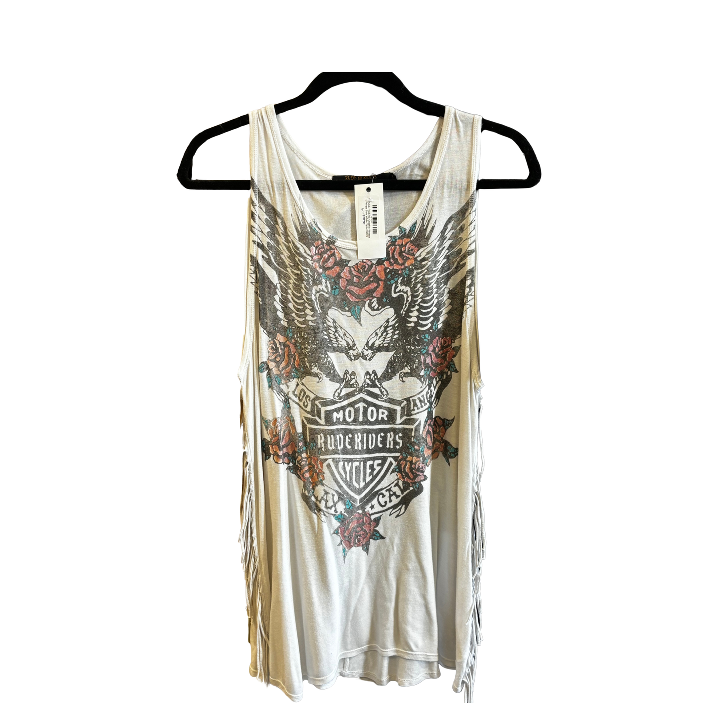 RUDE RIDERS Graphic Vintage Fringe Side White Tank P0625