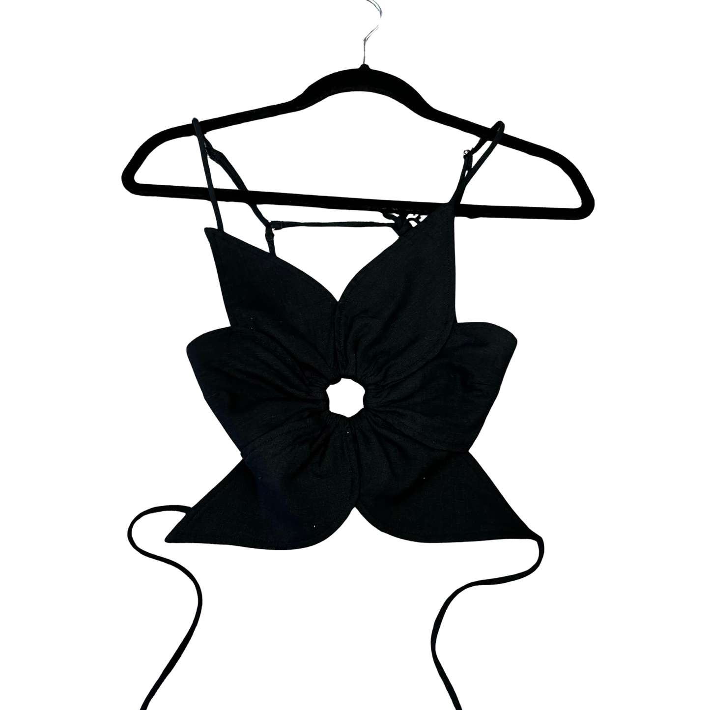 CULT GALA (New) Linen Black Flower Tie Top P0725