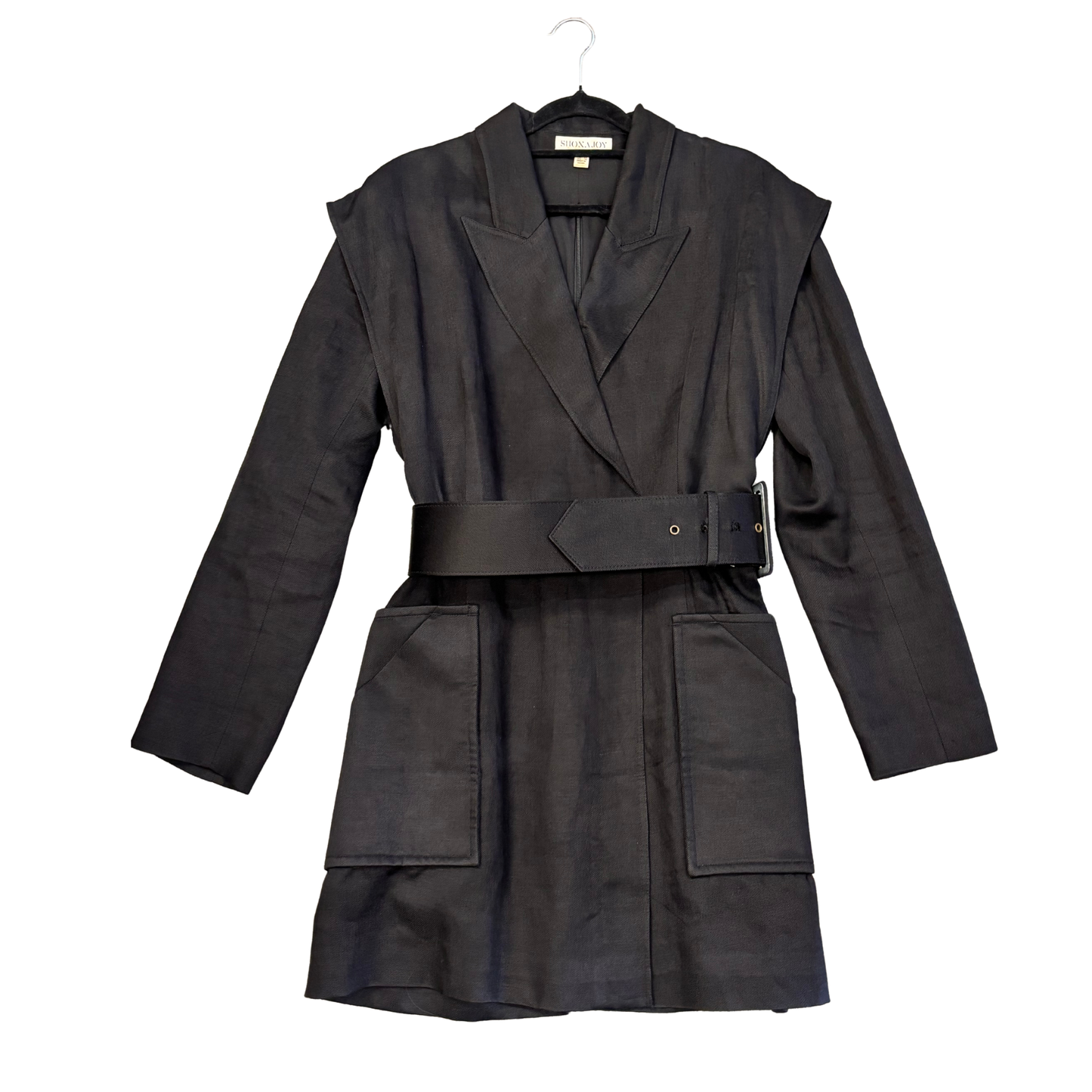 SHONA JOY Black linen belted jacket, with pocket detail P1125