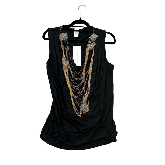 DIANE VON FURESTENBURG (new) Black SIlk Cotton SIlver gold chain tee P0625