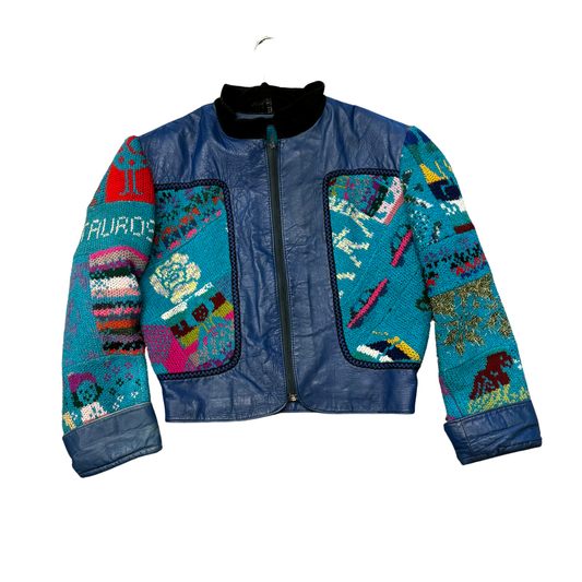 TAUROS Vointage leather blue knotted patch Jacket P0625