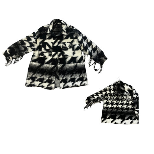 CARRE NIOR Black White Houdstooth Wool Italian Fringe Sleeve jacket P0625
