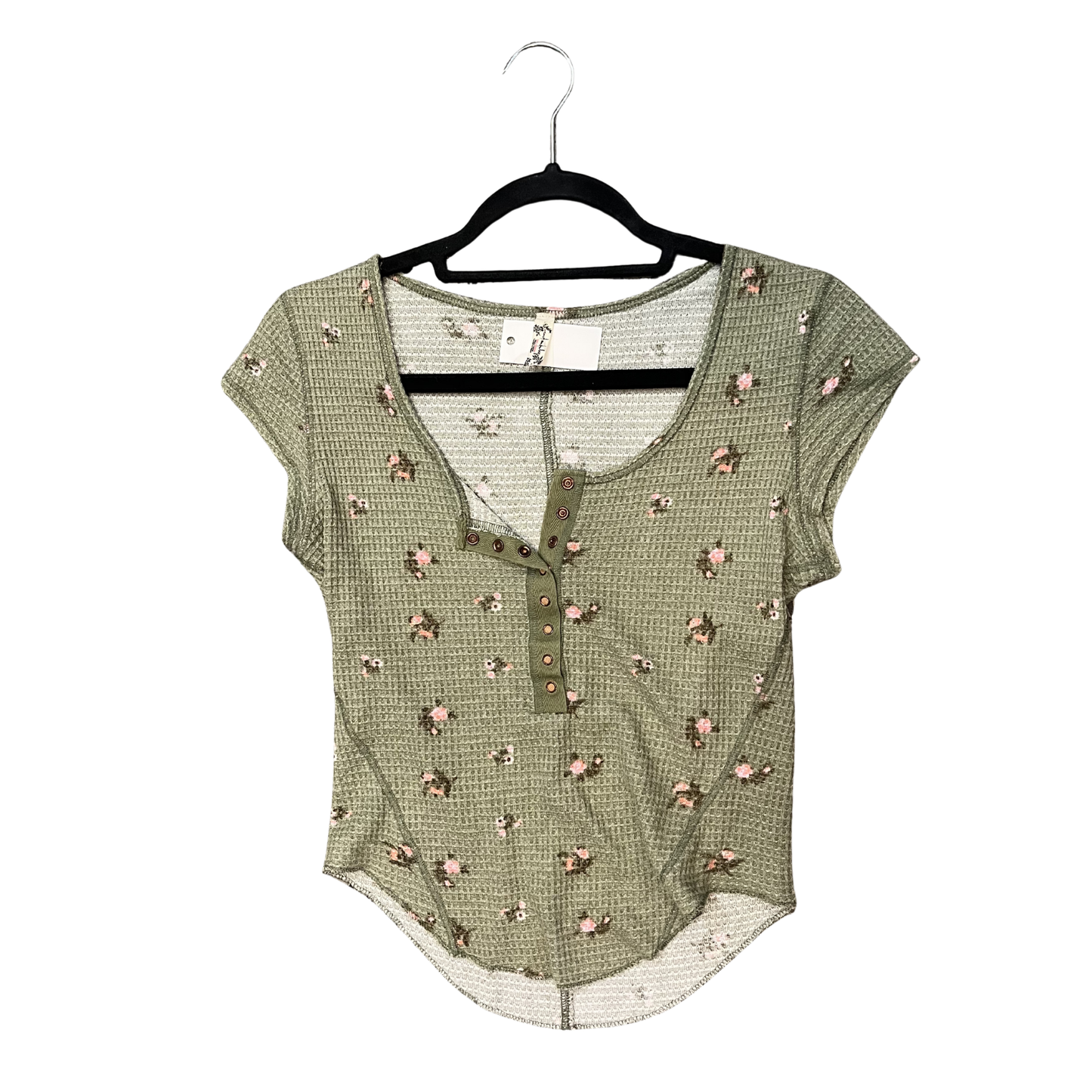 FREE PEOPLE green waffle floral quater button top P0226