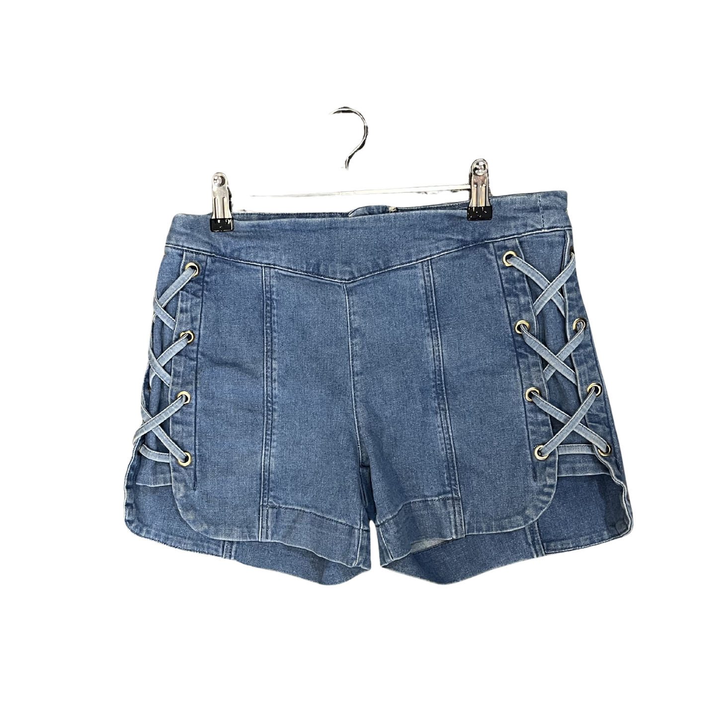LULU blue denim shorts with woven sides Y0126