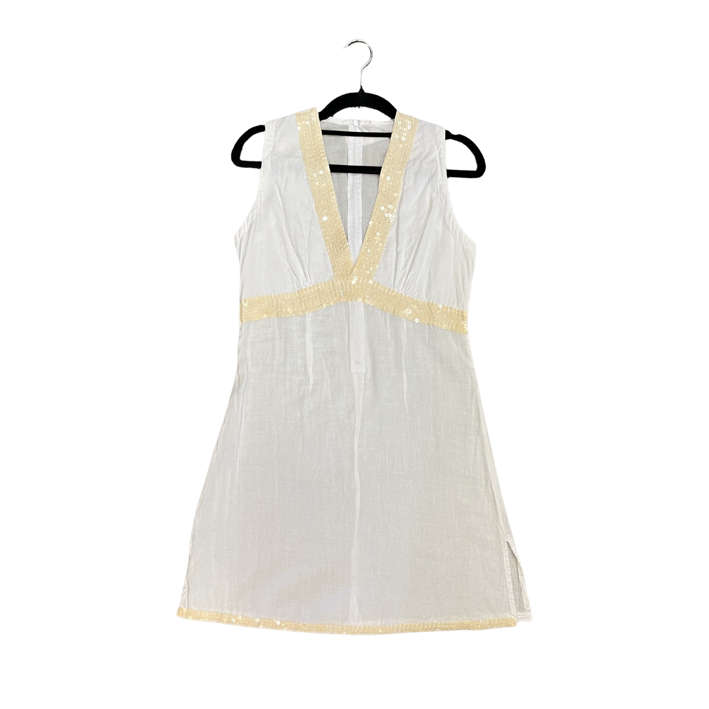 Cotton White handmade Sequin trimmed Vneck Mini Dress P0226