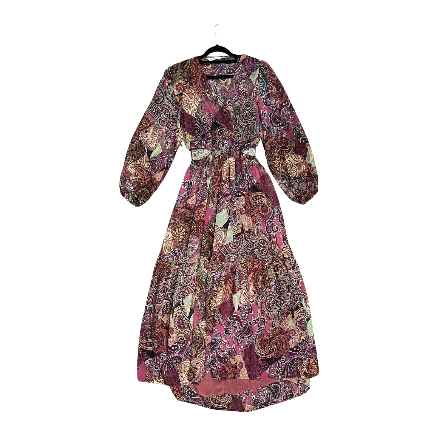 ZARA pink Multicoloured longsleeve Pasiley Waist cut Maxi Dress Y0526