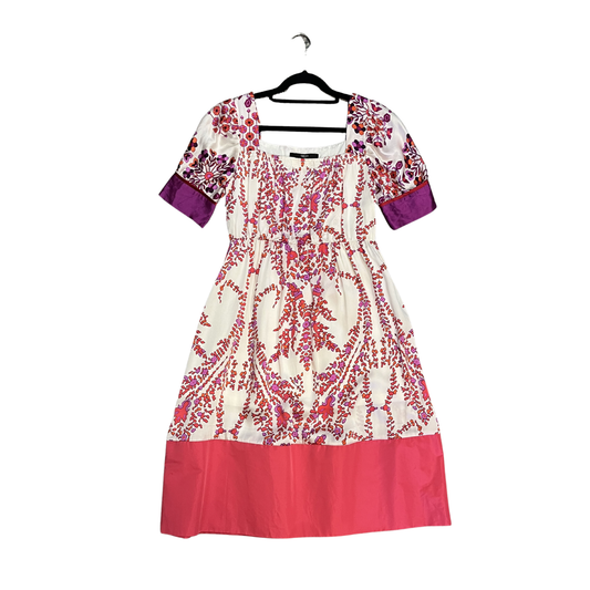 GUCCI VINTAGE white pink purple SIlk floral Shortsleeve midi dress B0426