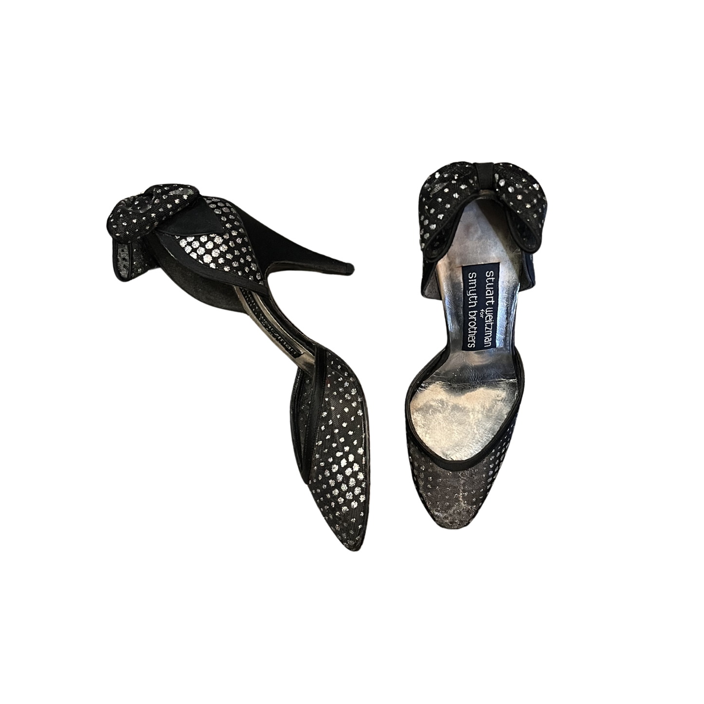 STUART WEITZMAN black sheer silver studded vintage bow back heels R0126
