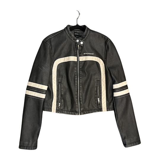 LES FRANS Grey whte stripe faux leather jacket Y0726