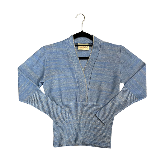 TOUTE SUITE blue Gold thread detail LongSleeve vintage top P0726