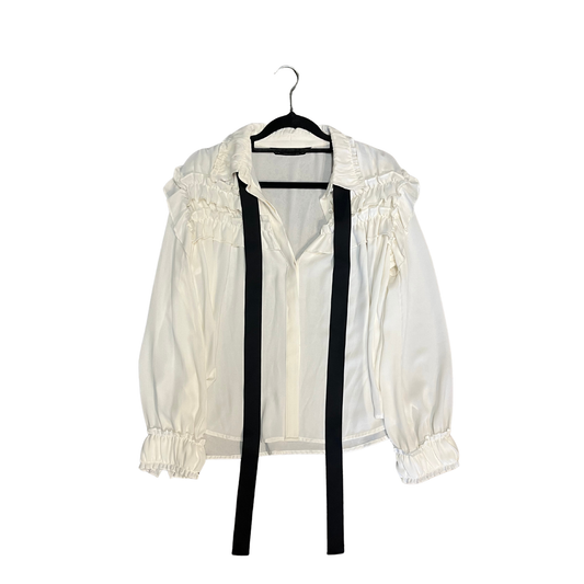 ZARA white Frilly neck Longsleeev Shirt with neck tie P0526