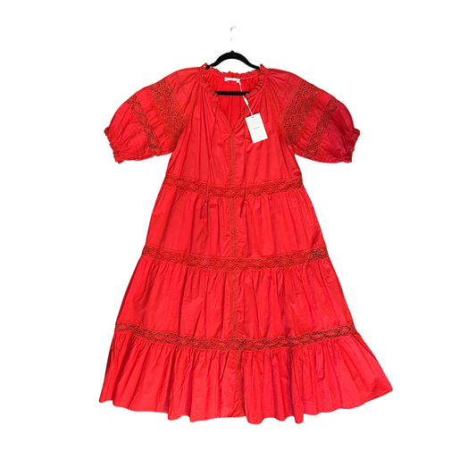 MAYE (new) Red cotton floral Lace cut Shortsleeve Maxi dress B0326