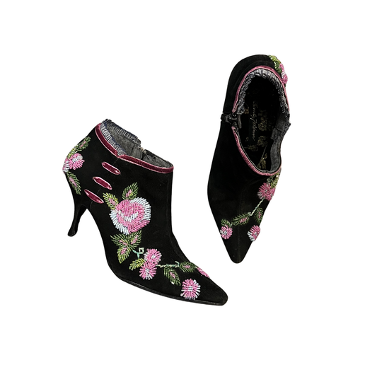 BENEITI FELDMAN Vintage velvet Floral Beaded pointed toe ankle boots Y0626