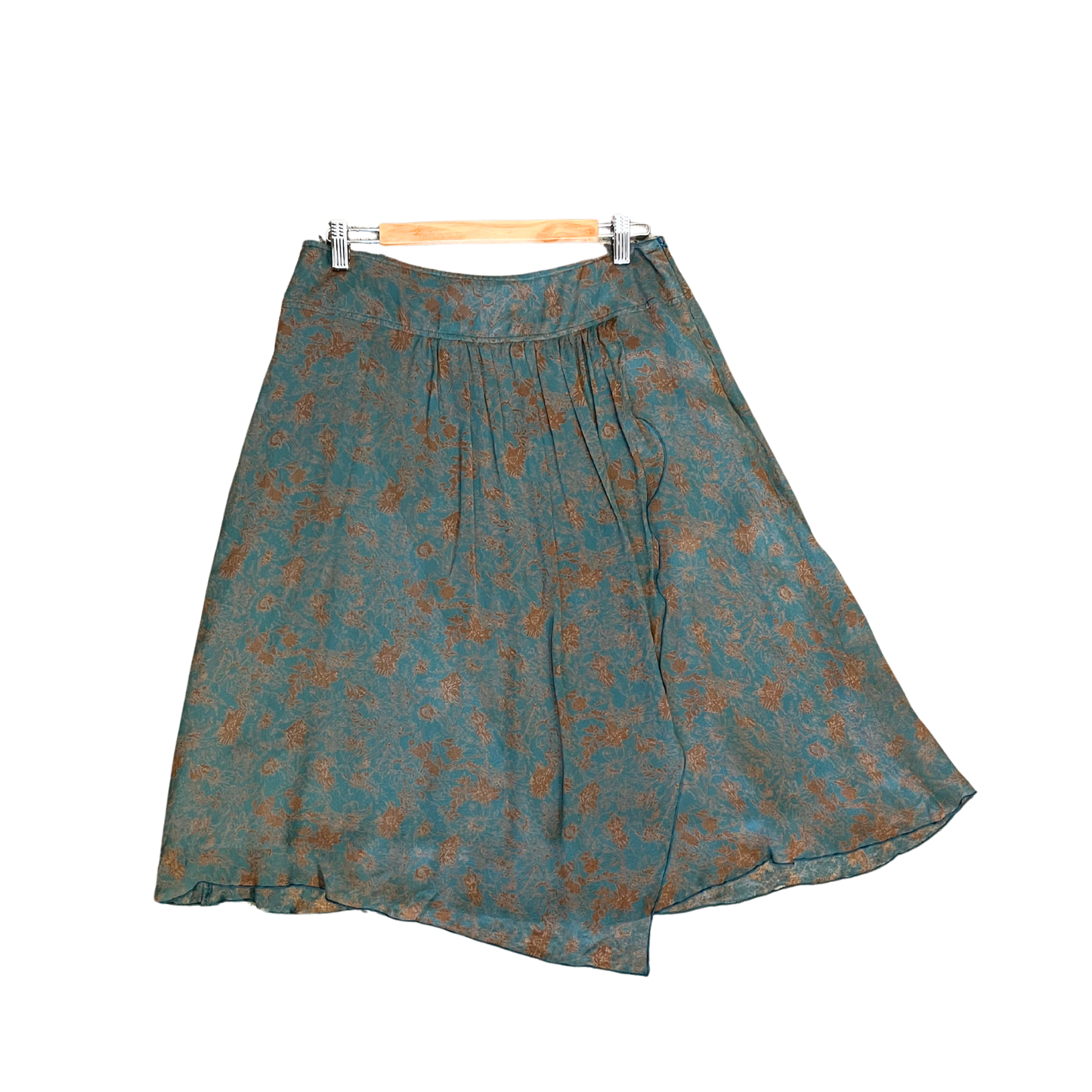 STELLA GRED green orange floral paisley Silk Vintage Midi Skirt P0626