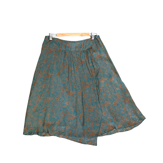 STELLA GRED green orange floral paisley Silk Vintage Midi Skirt P0626