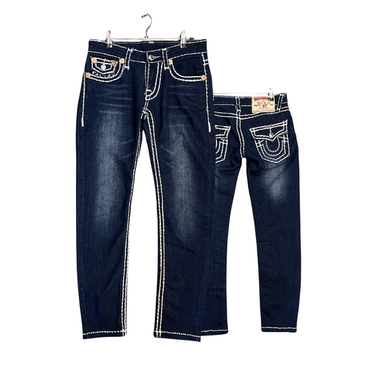 TRUE RELIGION dark washed vintage white stitch Straight skinny jeans P0626