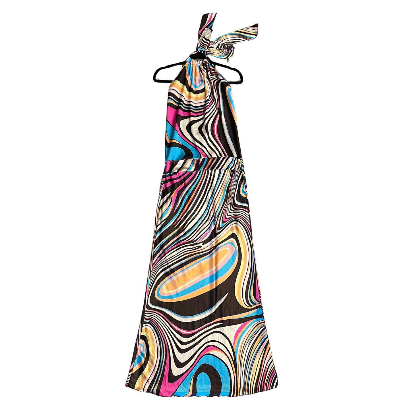 WORSHIP 80's Silk Vintage Multicolour cowl neck maxi dress P0626