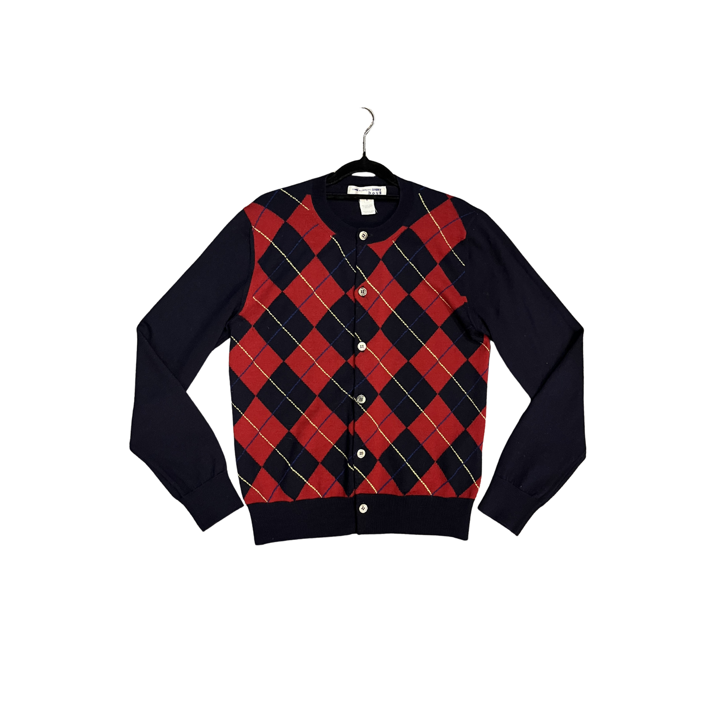 COMME DES GARCONS Navy red checkered wool cardigan B0526
