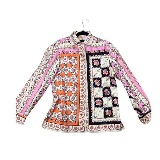EMILIO PUCCI Vintage Silk Pink Blue Orange floral Paisley Shirt (missing button, has spares ) B0625