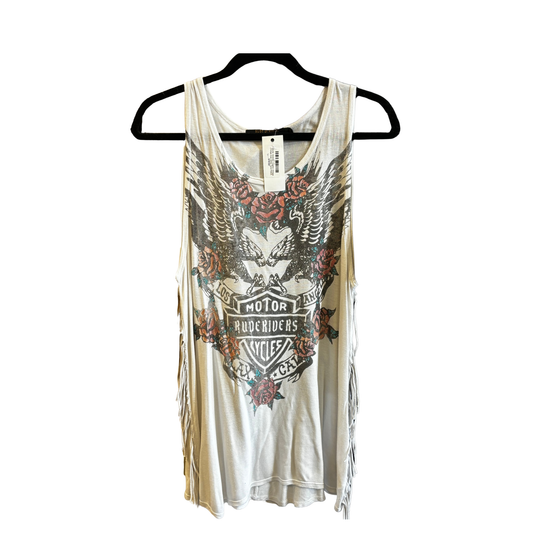 RUDE RIDERS Graphic Vintage Fringe Side White Tank P0625