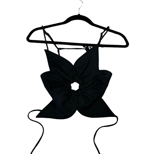 CULT GALA (New) Linen Black Flower Tie Top P0725