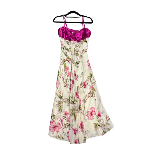PURPLE AND CREAM sleeveless dress with floral design and bow Y0126