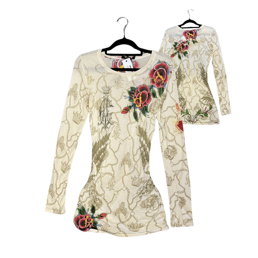 ED HARDY x CHRISTIAN AUDIGIER cream Cotton Vintage Floral Print longsleeve R0126