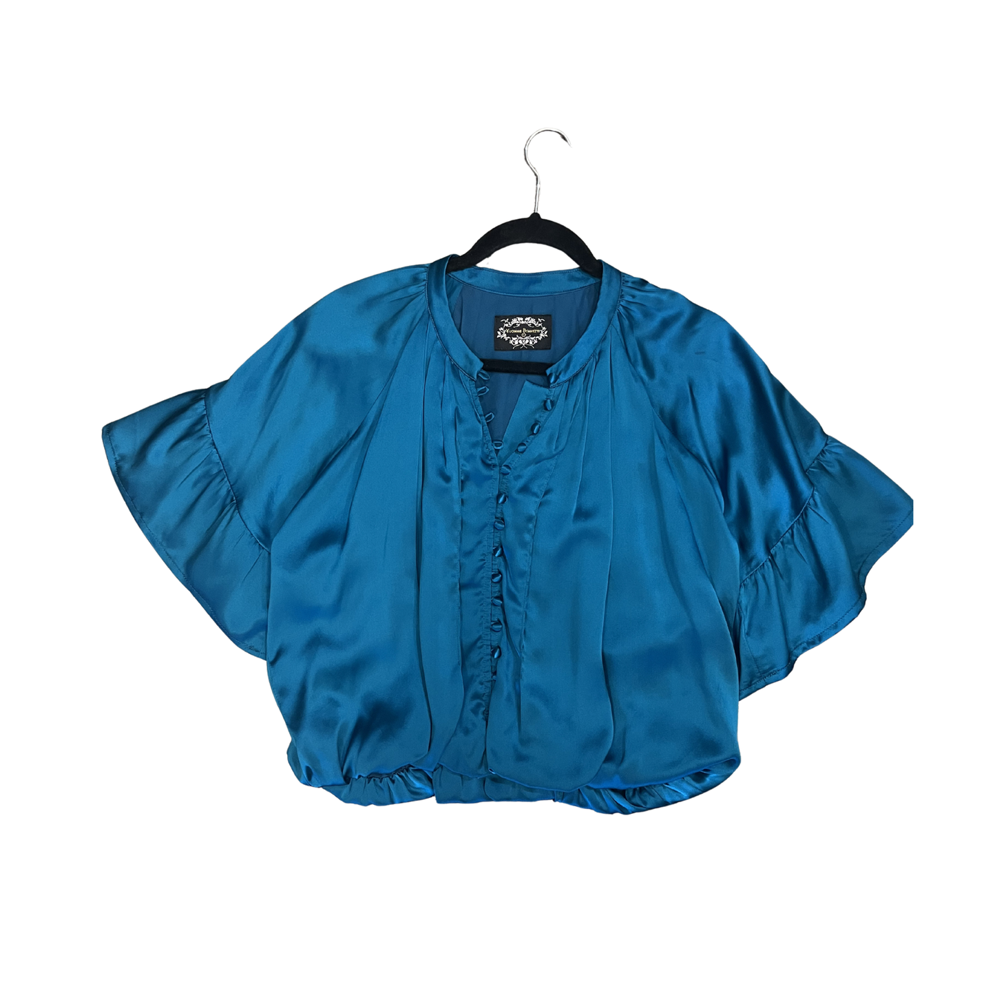 YVONNE BENETTI vintage teel Silk Shiny shortsleeve button up shirt P0126