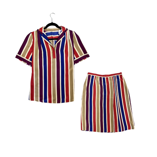 Vintage Blue purple red cream striped Frill collar half button top and midi skirt R1225