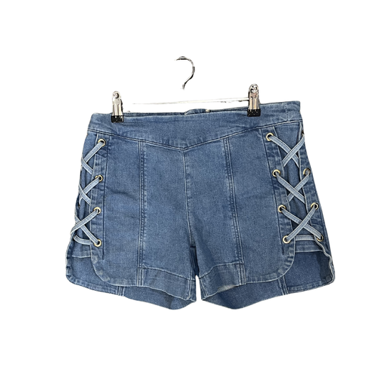 LULU blue denim shorts with woven sides  Y0126