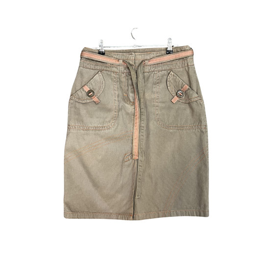 PROMOD vintage kakhi Orange stitch Denim Midiskirt R0226