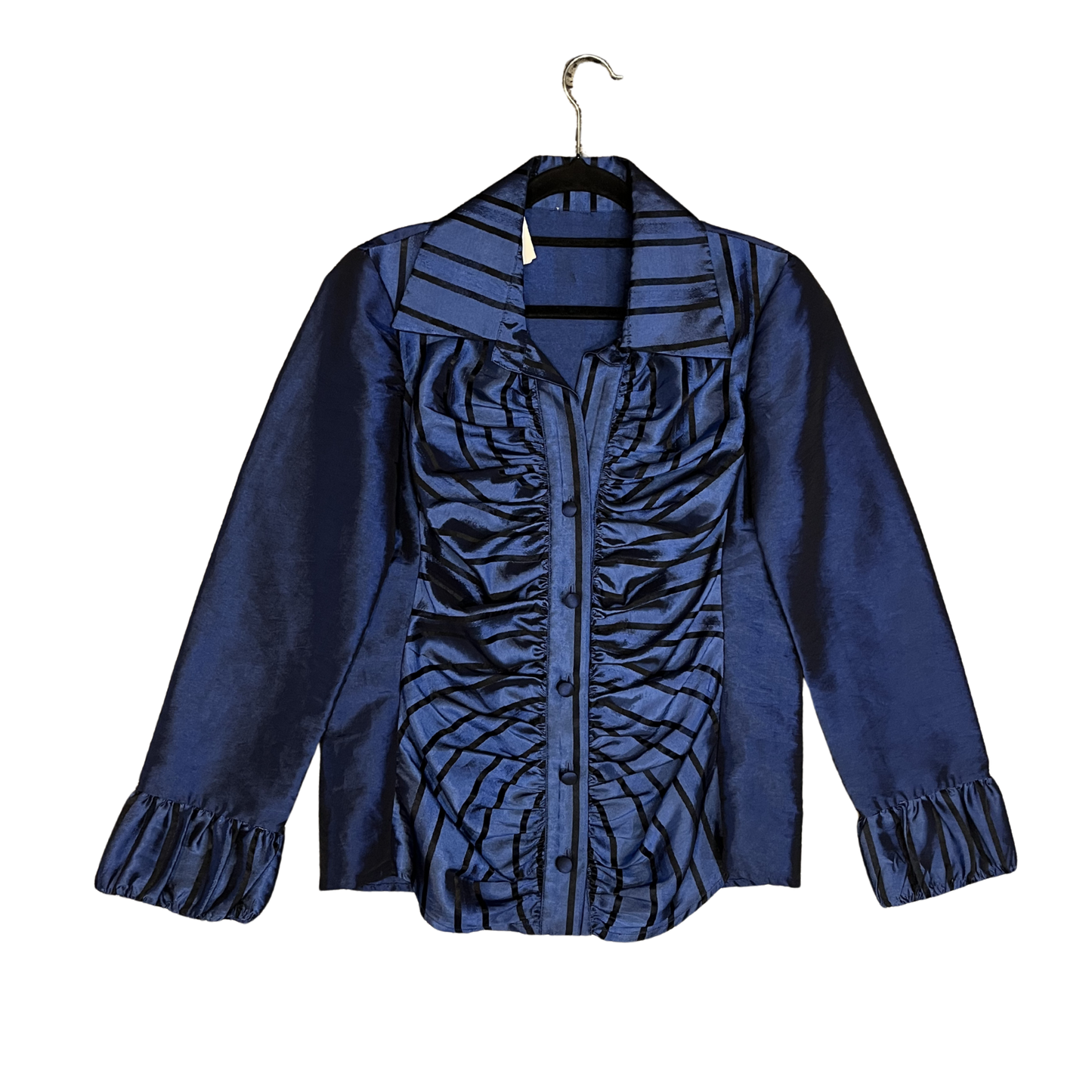Vintage Royal Blue black stripe ruched shirt B0326