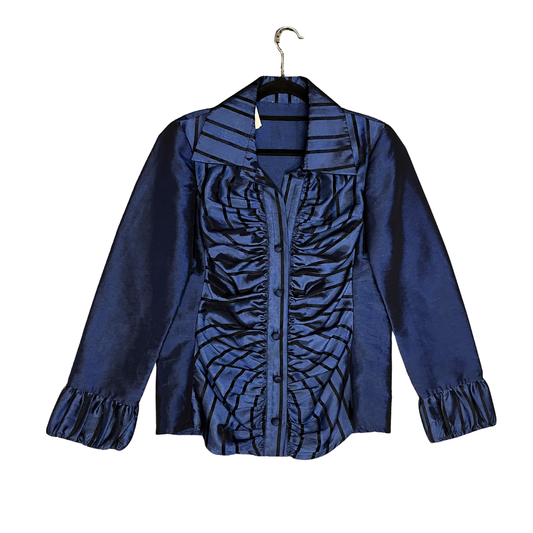 Vintage Royal Blue black stripe ruched shirt B0326