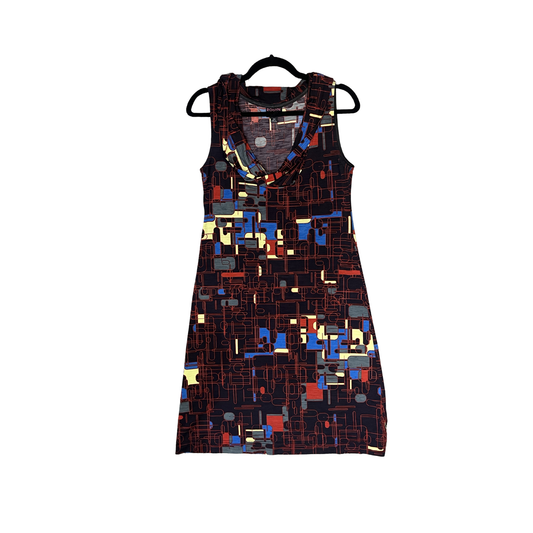 ROBYN MATHIESON Black Red grey Yellow Patterend Vintage cowlneck midi Dress Y0725