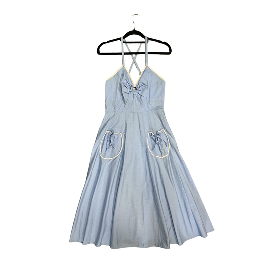 KATIES vintage Cotton blue Pocket front white lace detail Midi dress B0526